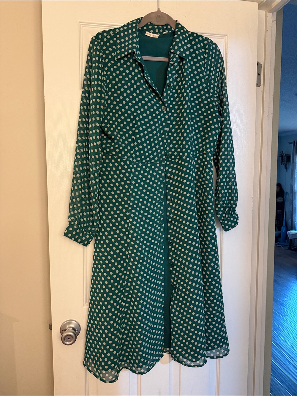 eva mendes for New York & Company Teal Polka Dot Long Sleeve Shirt Dress